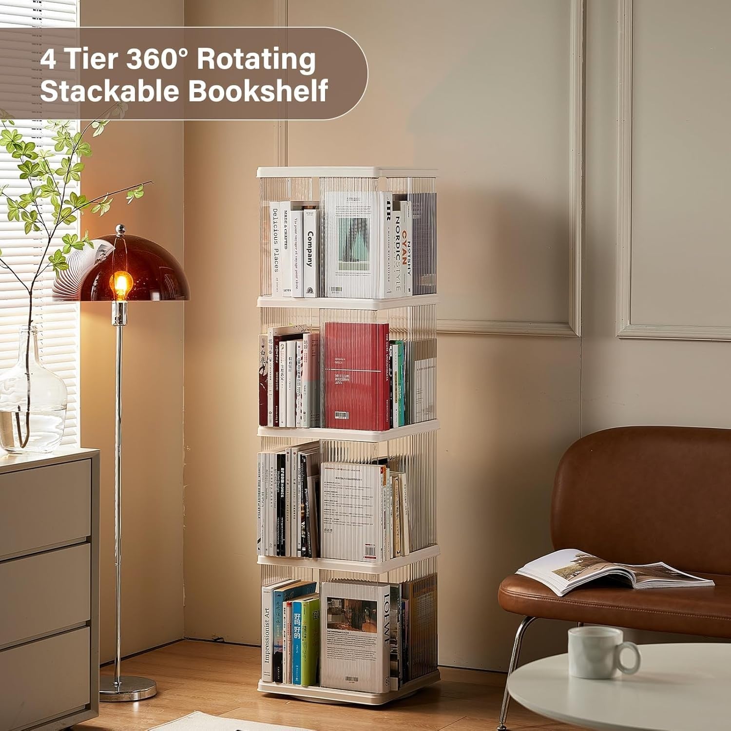 360° Rotating Plastic Bookshelf 4-Tier Floor Standing Corner Shelf White
