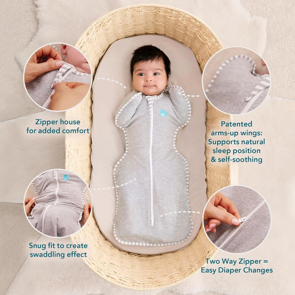 Baby Swaddle Sleep Sack 2.5 TOG Medium 6-8.5kg Arms-Up Cozy Fit Rose