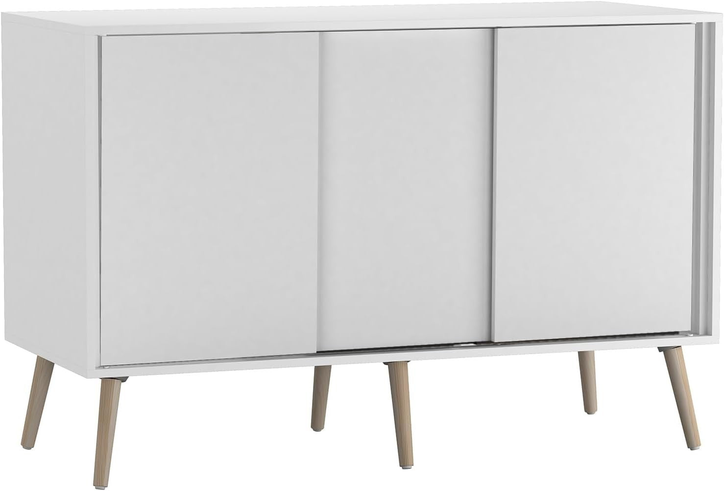 White Sliding Door Sideboard Cabinet 3-Door Storage with Wooden Legs