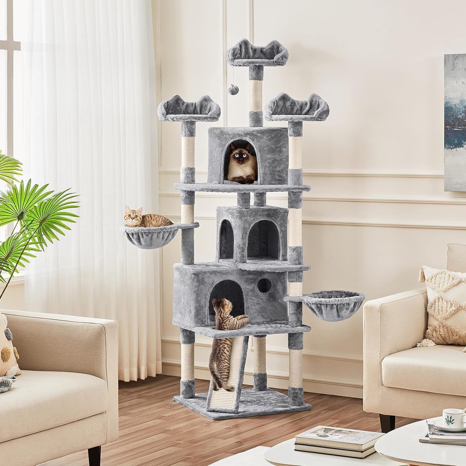 194cm Light Grey Cat Tree Tower with Condos Baskets Scratching Posts