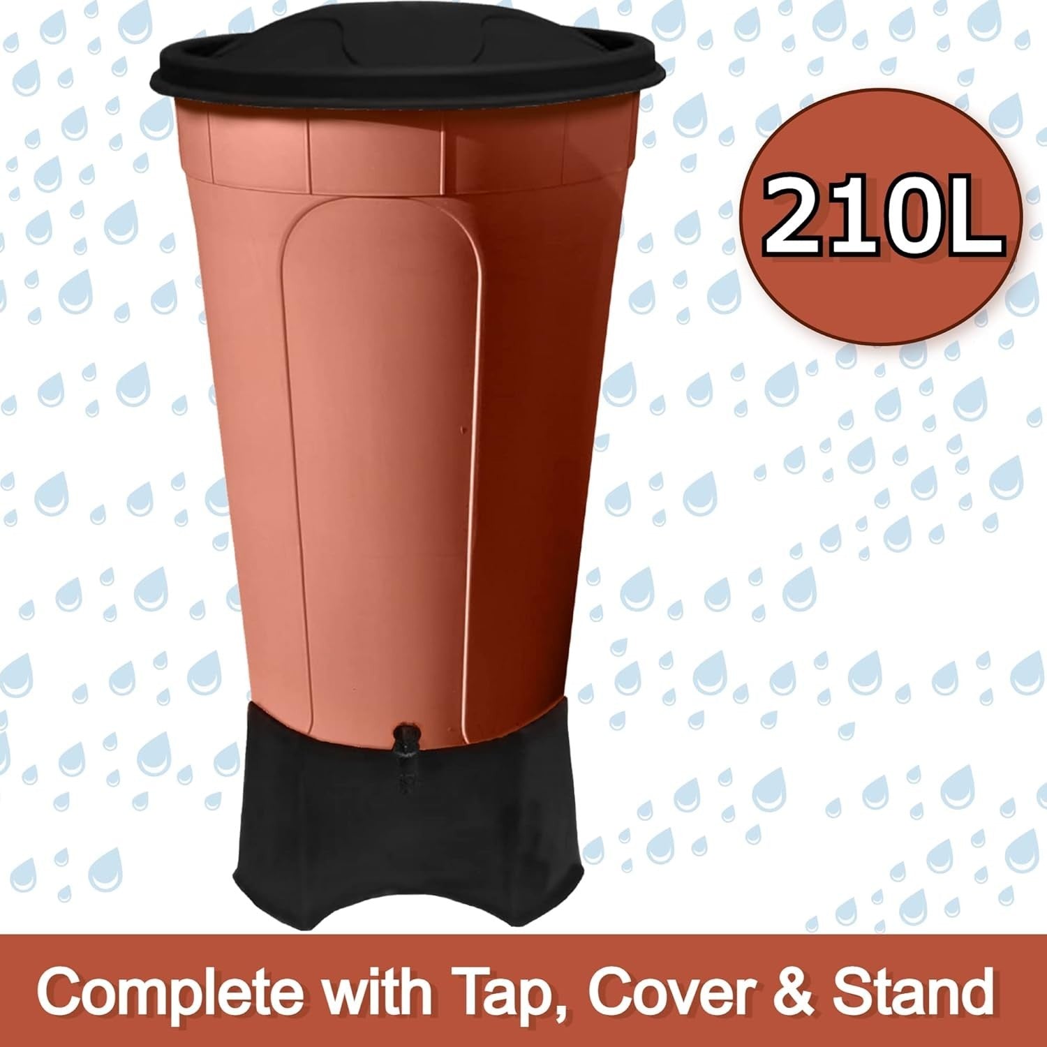 210L Terracotta Garden Water Butt With Tap Stand Rainwater Collector XL