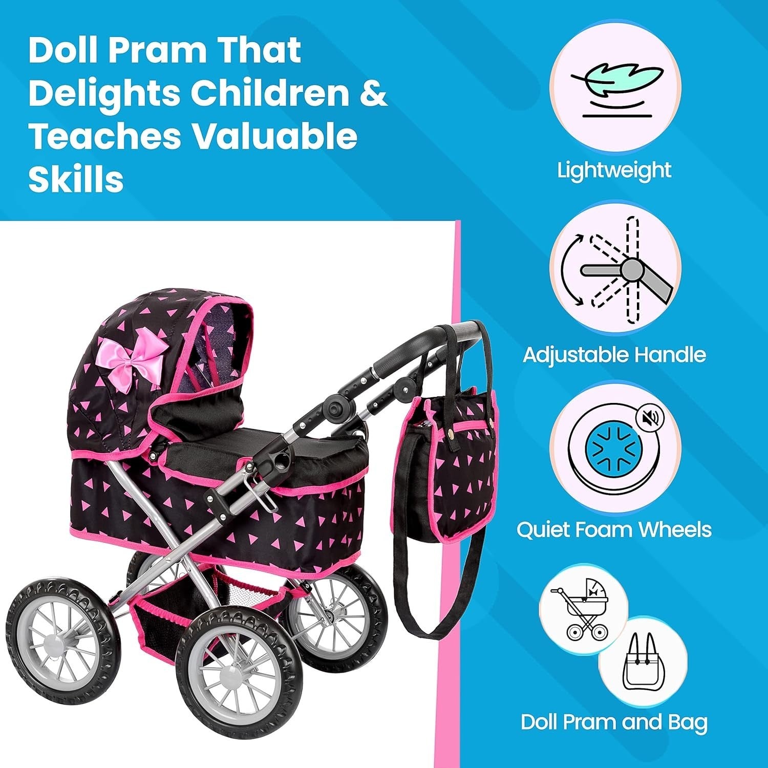 Dolls Pram Toy Pushchair Buggy Adjustable Handle 33-63cm for Kids