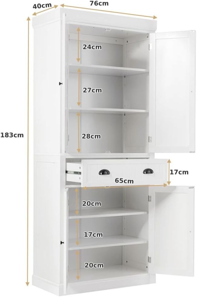 White Tall Kitchen Cupboard 4 Door Pantry Cabinet | Freestanding Sideboard