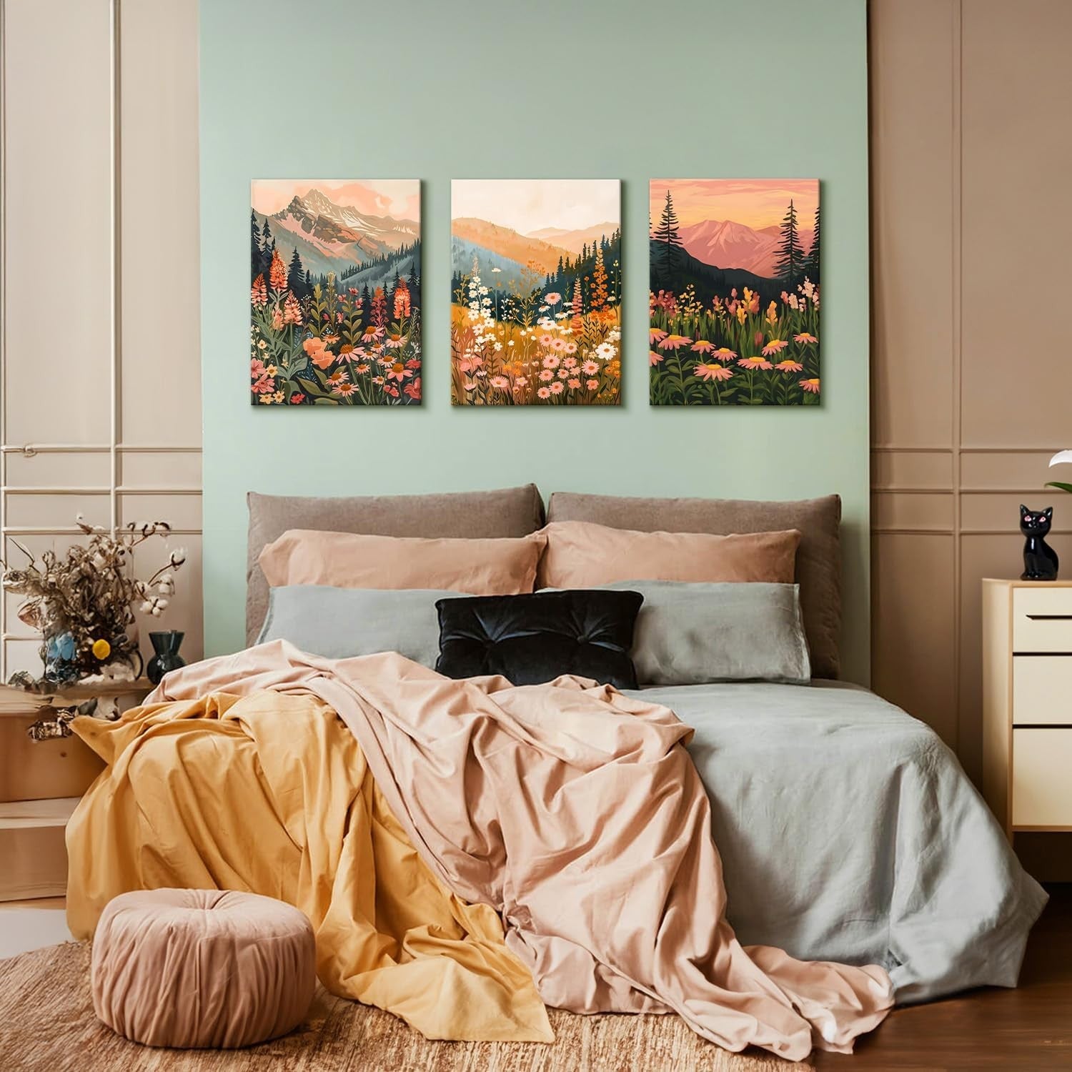 3‑Piece Boho Mountain & Wildflower Framed Wall Art 12×16″ Prints