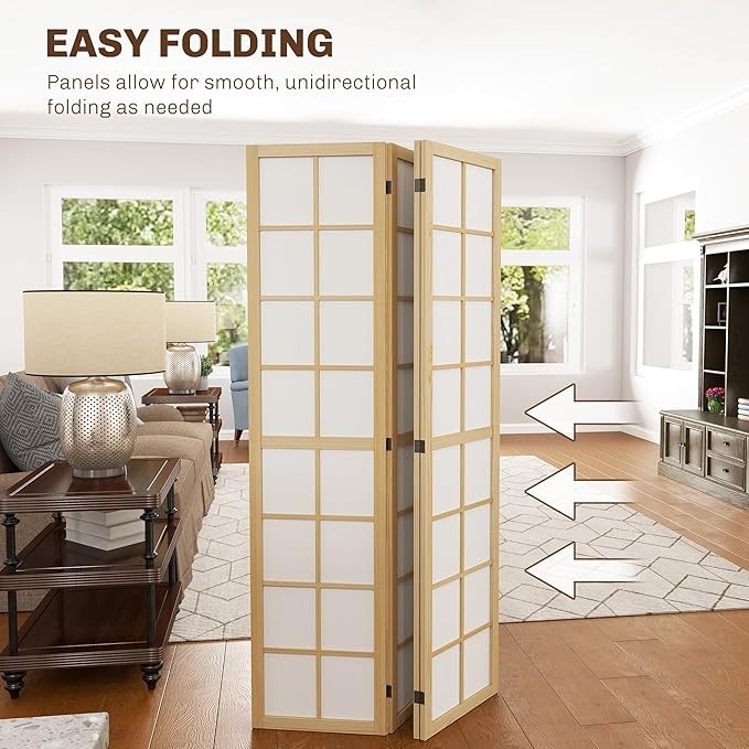 Natural Wood 4 Panel Folding Room Divider – Freestanding Japanese Privacy Screen