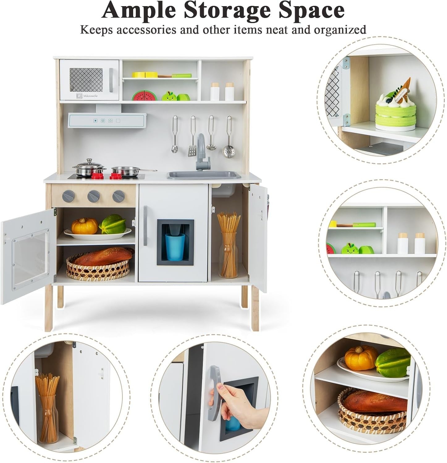 Wooden Kids Play Kitchen White Ice Maker Sound Cooking Toy Set