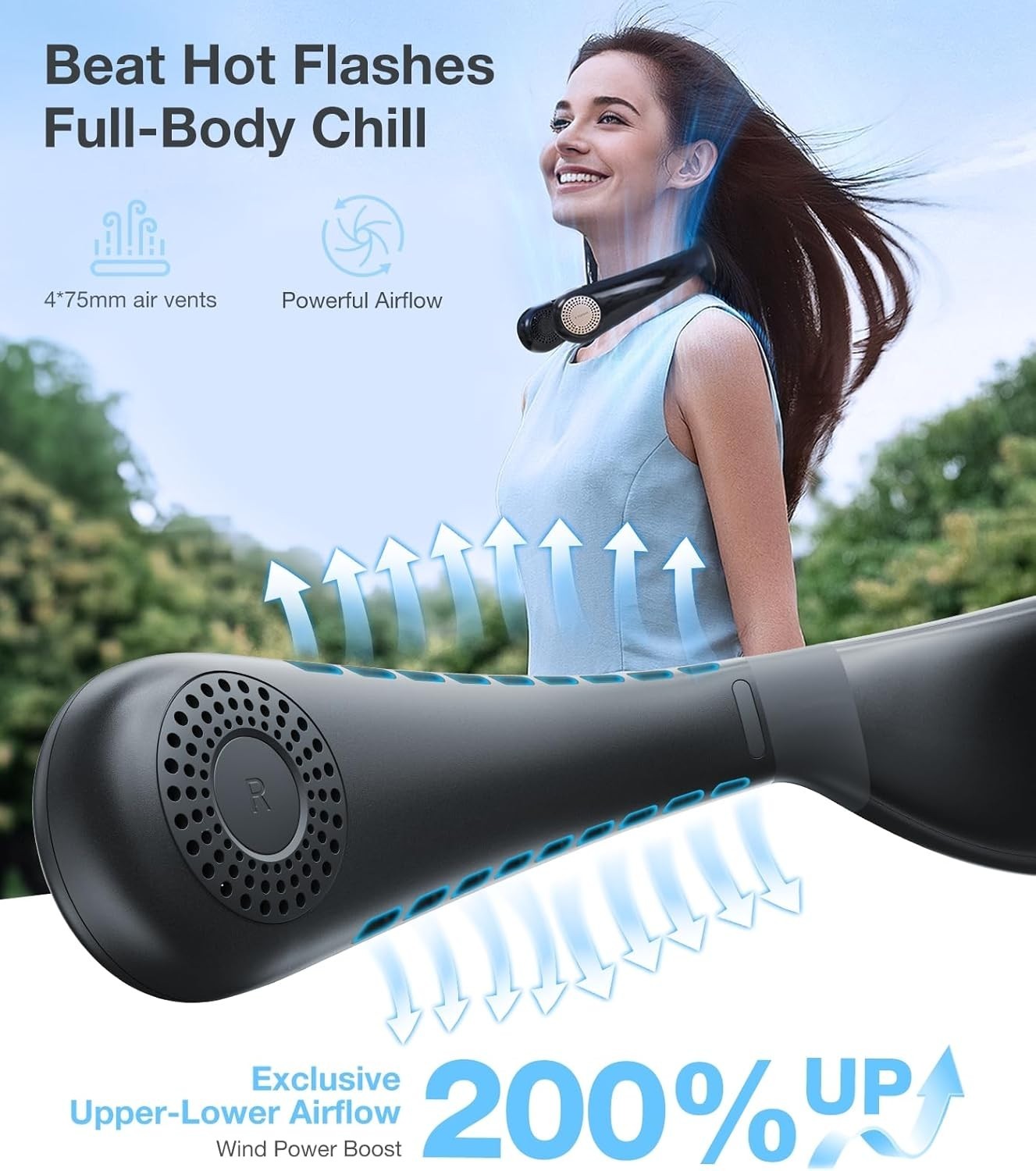 Neck Fan – Dual-Airflow 2025 Cooling 3-Speed 1500RPM USB-C Rechargeable Black
