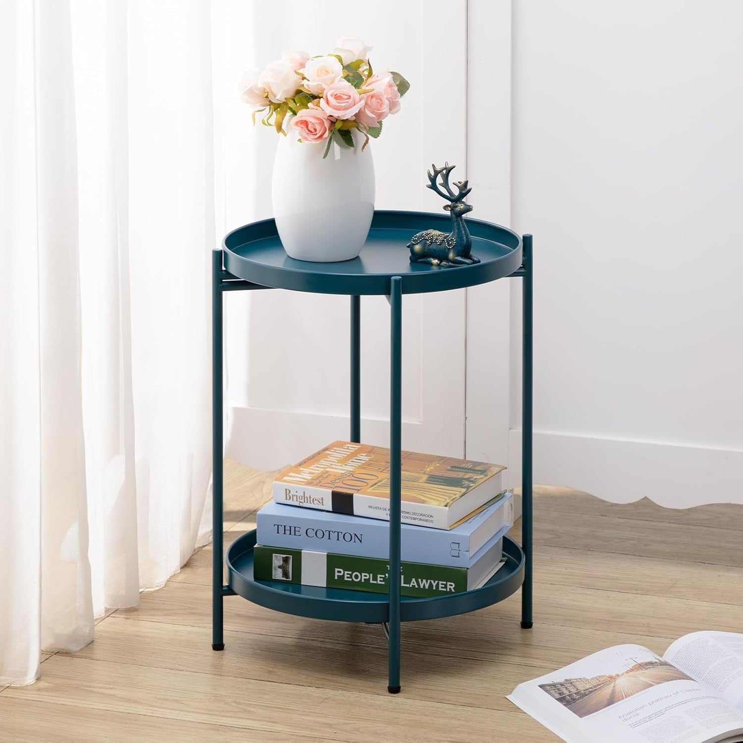 Small Round Metal Side Table 2-Tier Coffee Table Removable Tray Peacock Green