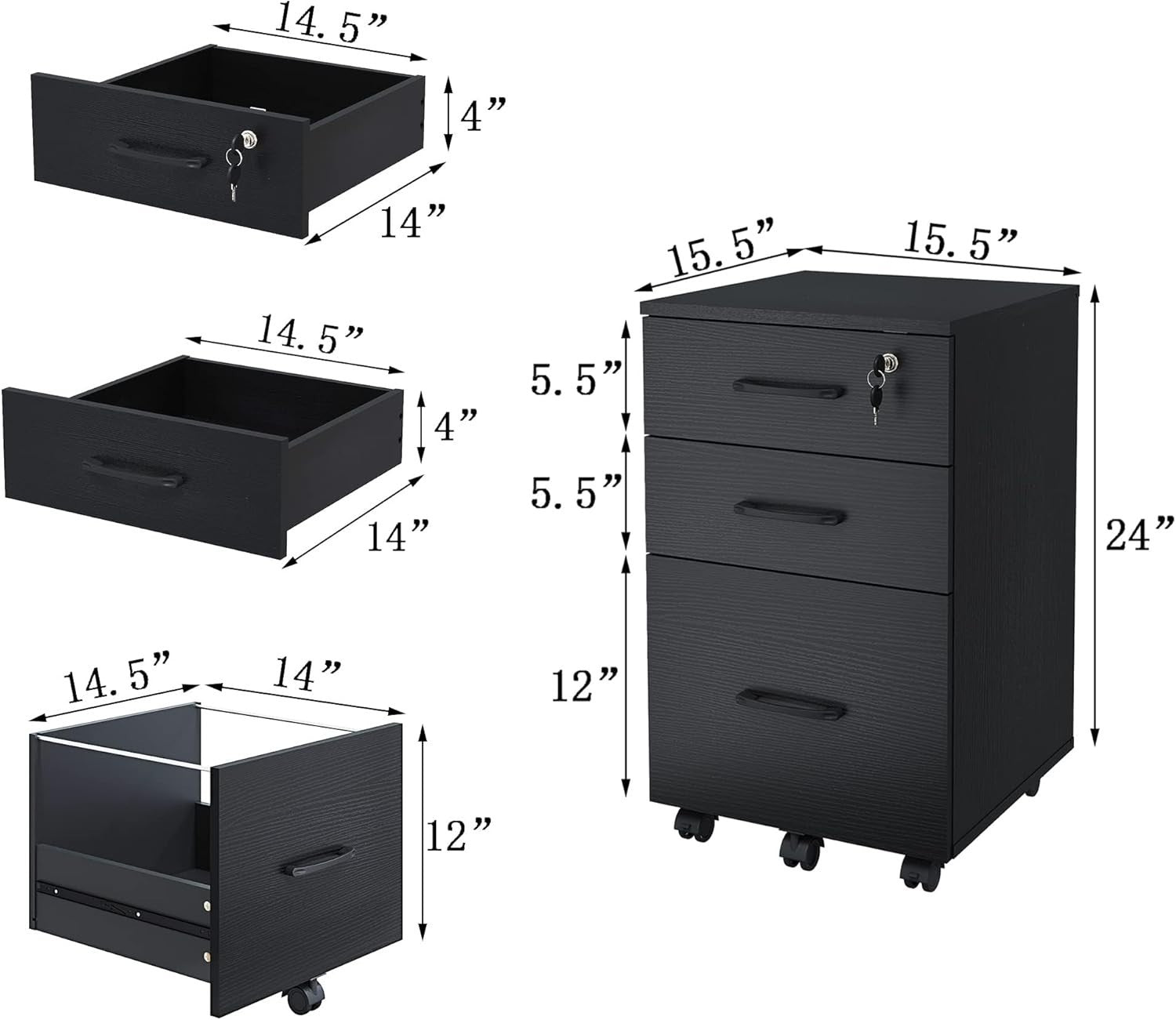 Black Locking Rolling File Cabinet 3 Drawer Under Desk Storage