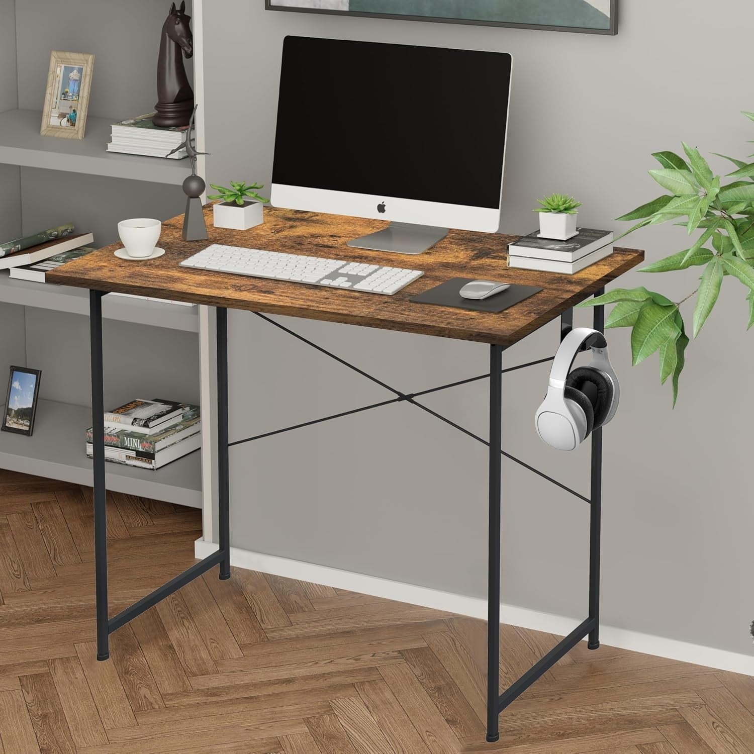 Compact Wooden Computer Desk 80cm Small Brown Office Study Table with Hook