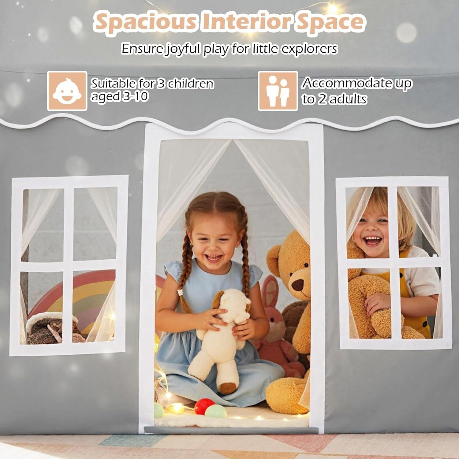 Grey Kids Castle Play Tent Star Lights Large Indoor Fairy House
