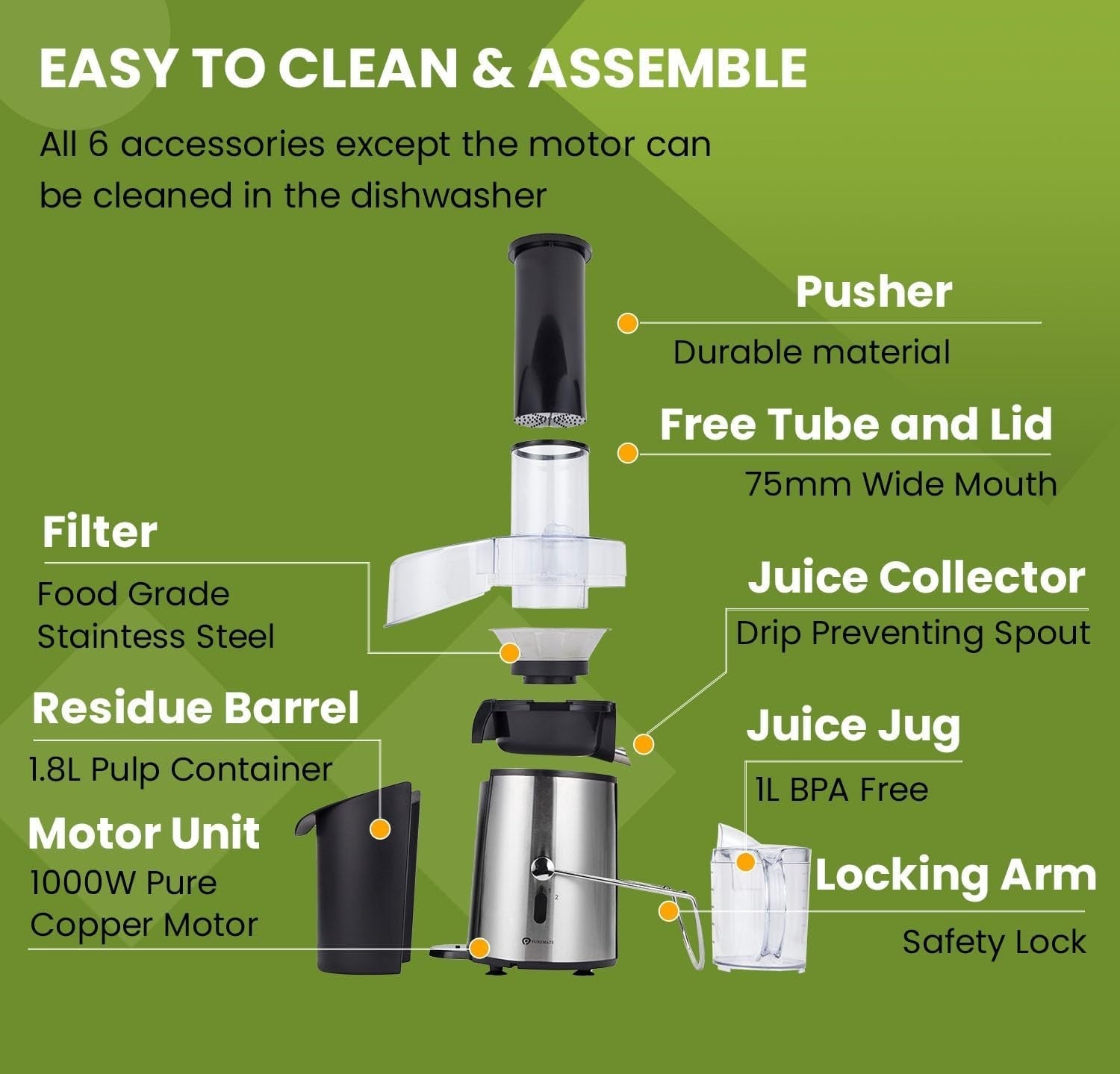 1000W Centrifugal Juicer 75mm Wide Chute 2 Speed Whole Fruit BPA Free Easy