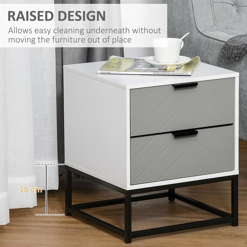 Modern Grey Bedside Table with 2 Drawers, Steel Base, Unique Chevron Style