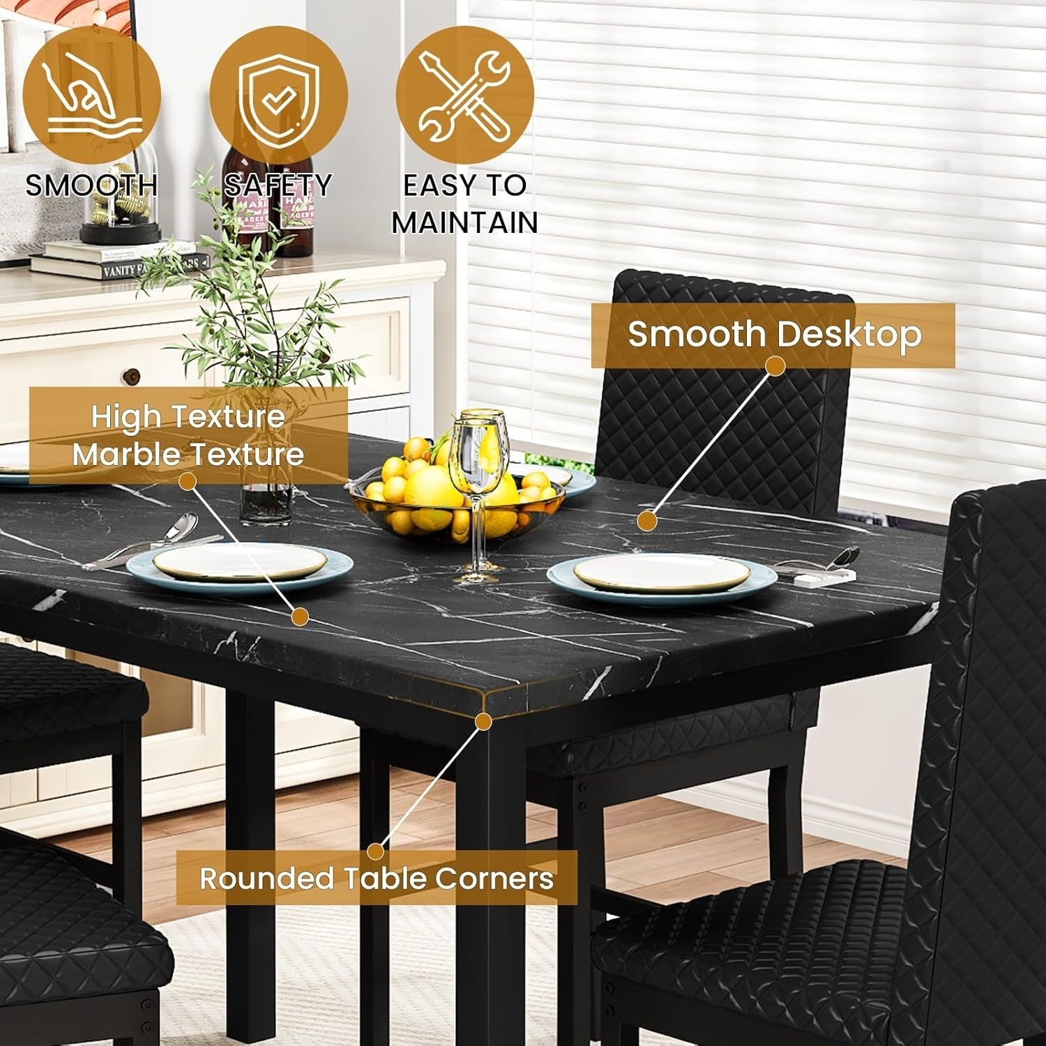 5-Piece Dining Table & 4 Chairs, Faux Marble Top, Modern Kitchen Set, Black