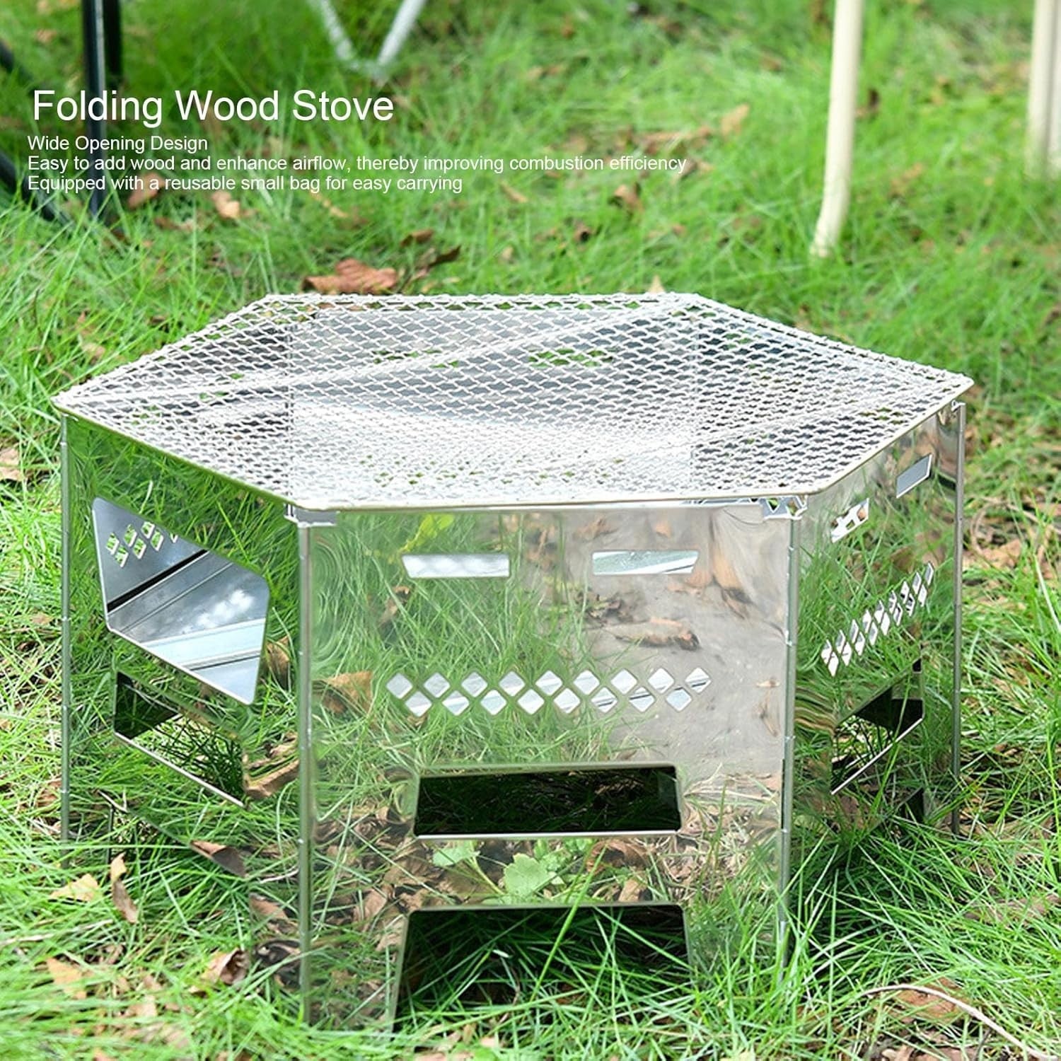 Stainless Steel Foldable Camping Wood Stove BBQ Grill Portable Outdoor Cooking