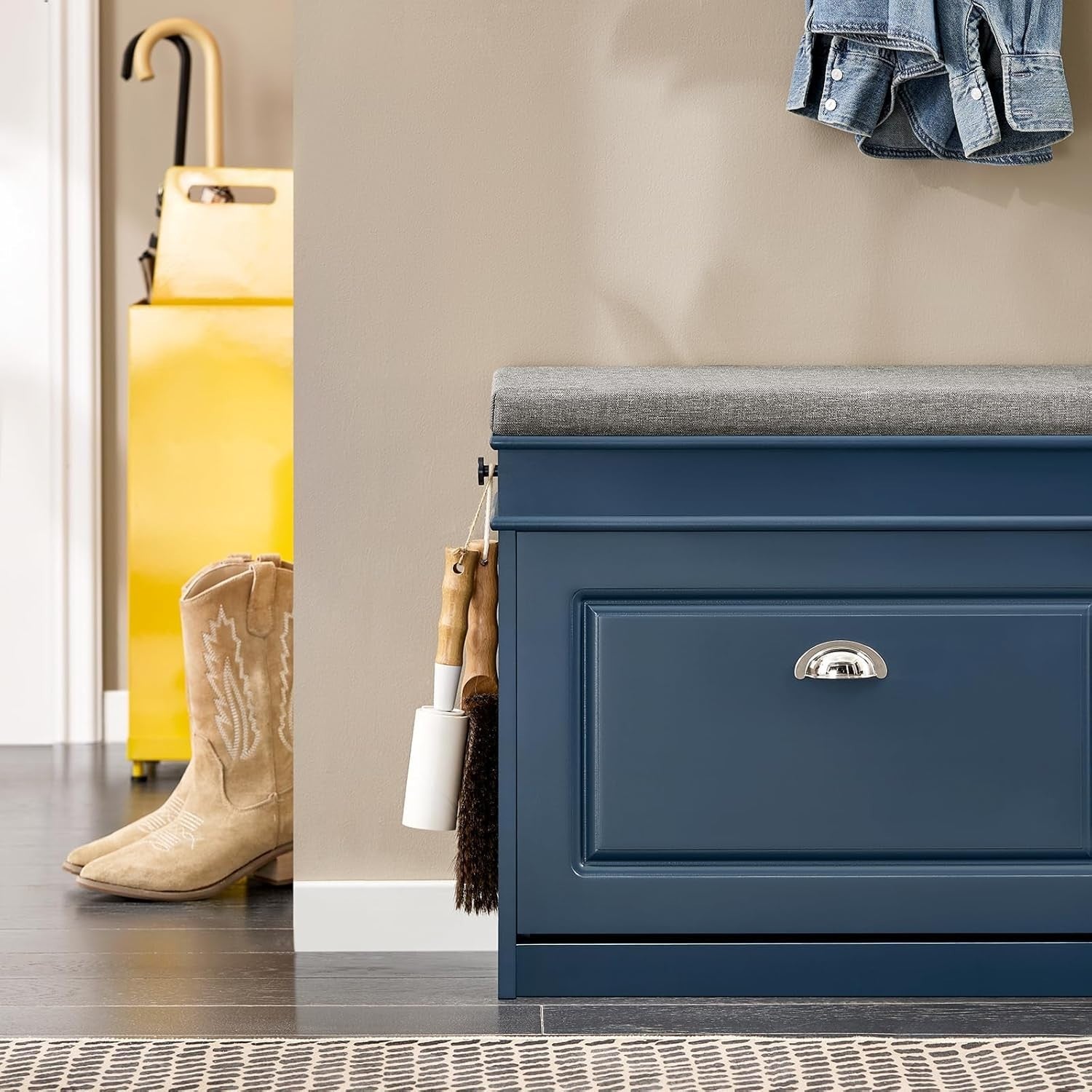 Narrow Shoe Storage Bench with Flip Drawer & Blue Cushion, 60x24x52 cm
