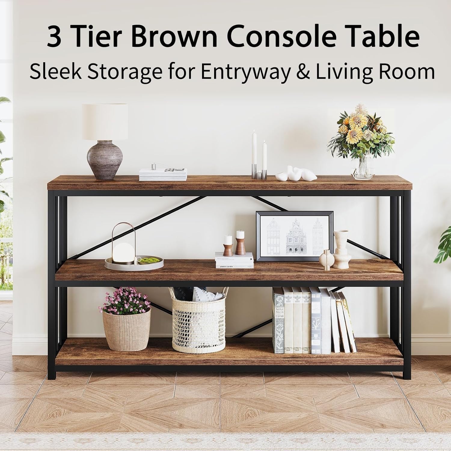 Rustic Industrial Console Table 3 Tier Storage Shelf 140x34x74cm