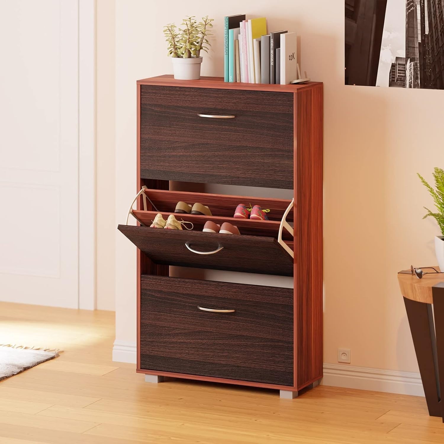 3 Door Shoe Storage Cabinet Wenge Black | Slim Modern Hallway Cupboard 115x60x24