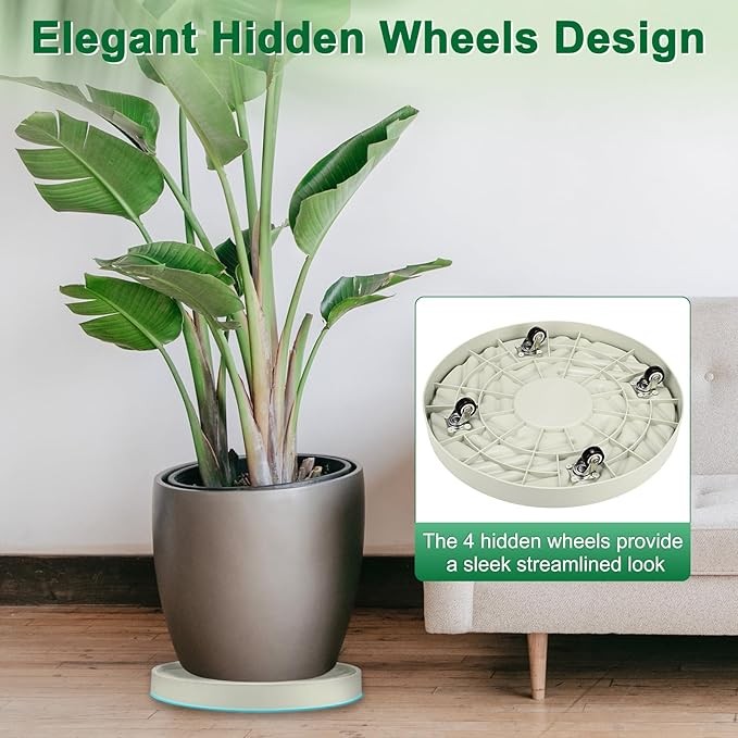2 Pack 14 Inch Round Plant Caddy with Wheels Rolling Tray Stand Beige Indoor