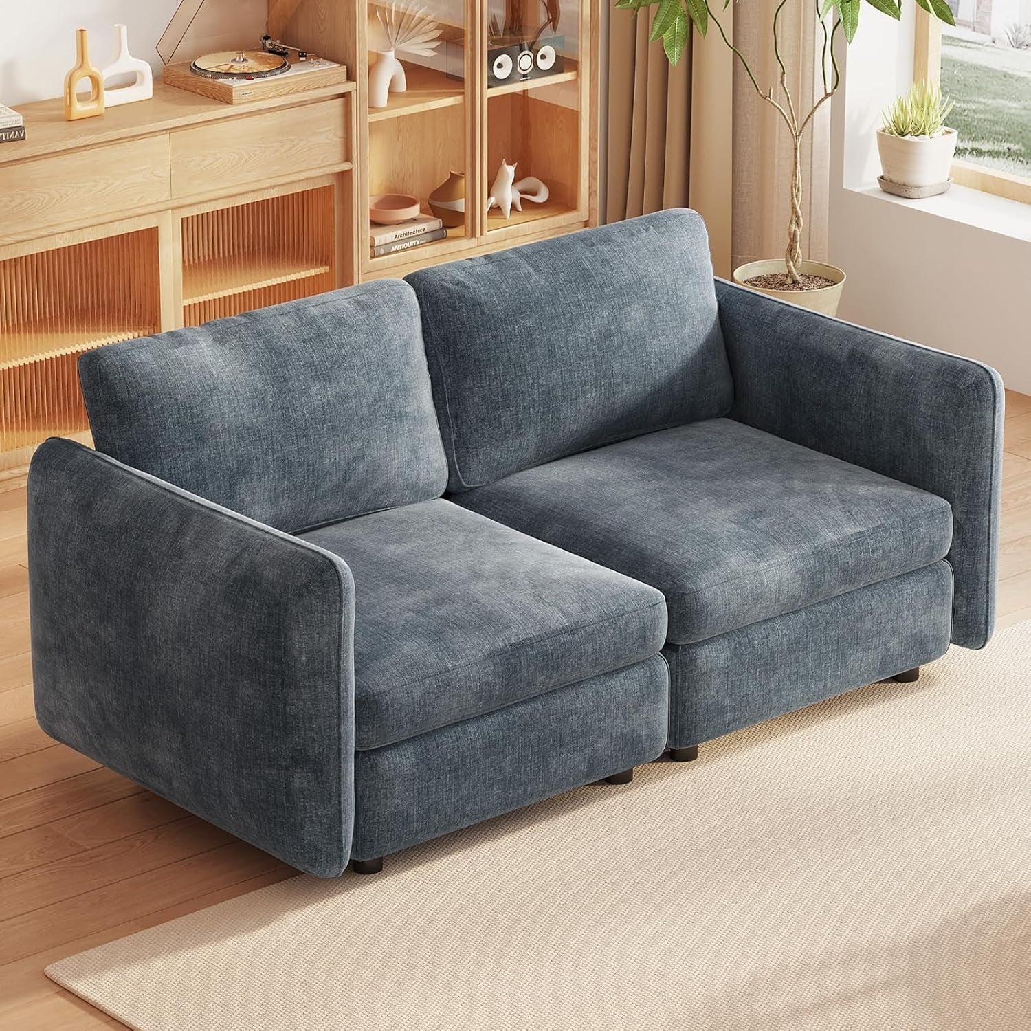 Modern 2 Seater Sofa Blue-Grey Deep Cushions 305CM Ergonomic Couch