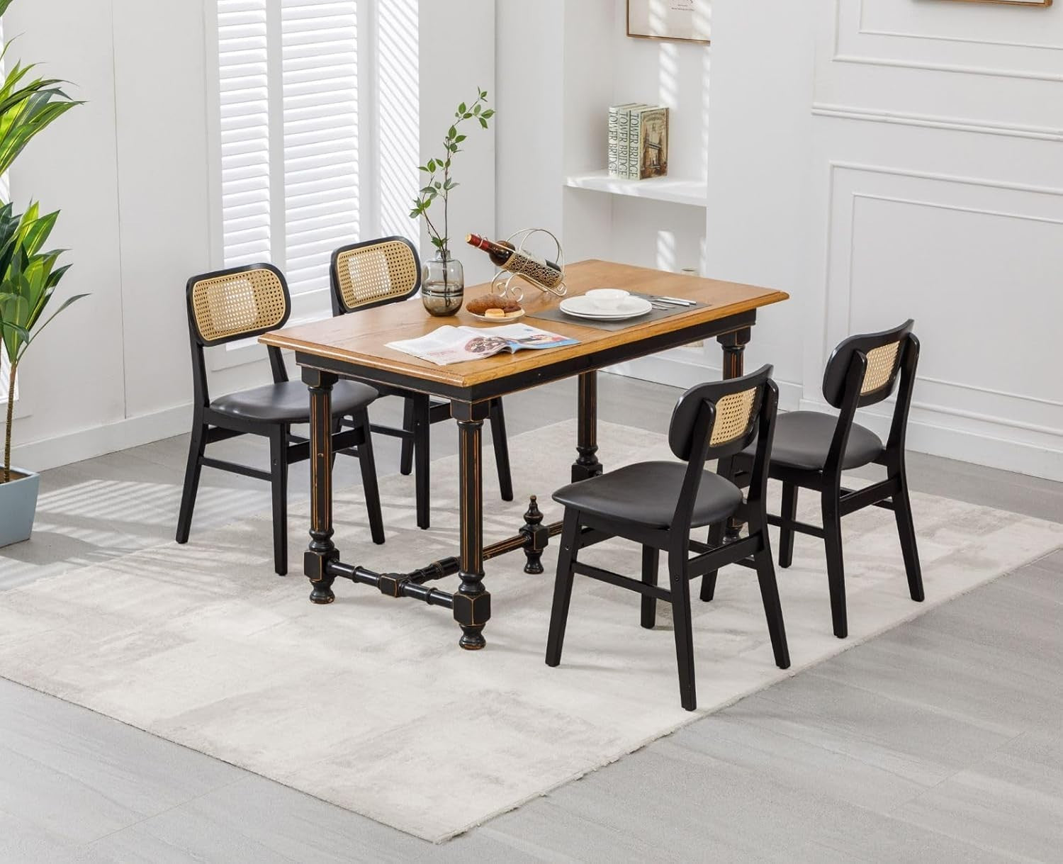 Black Rattan Dining Chairs Set of 2 PU Leather Padded Retro Kitchen Seats