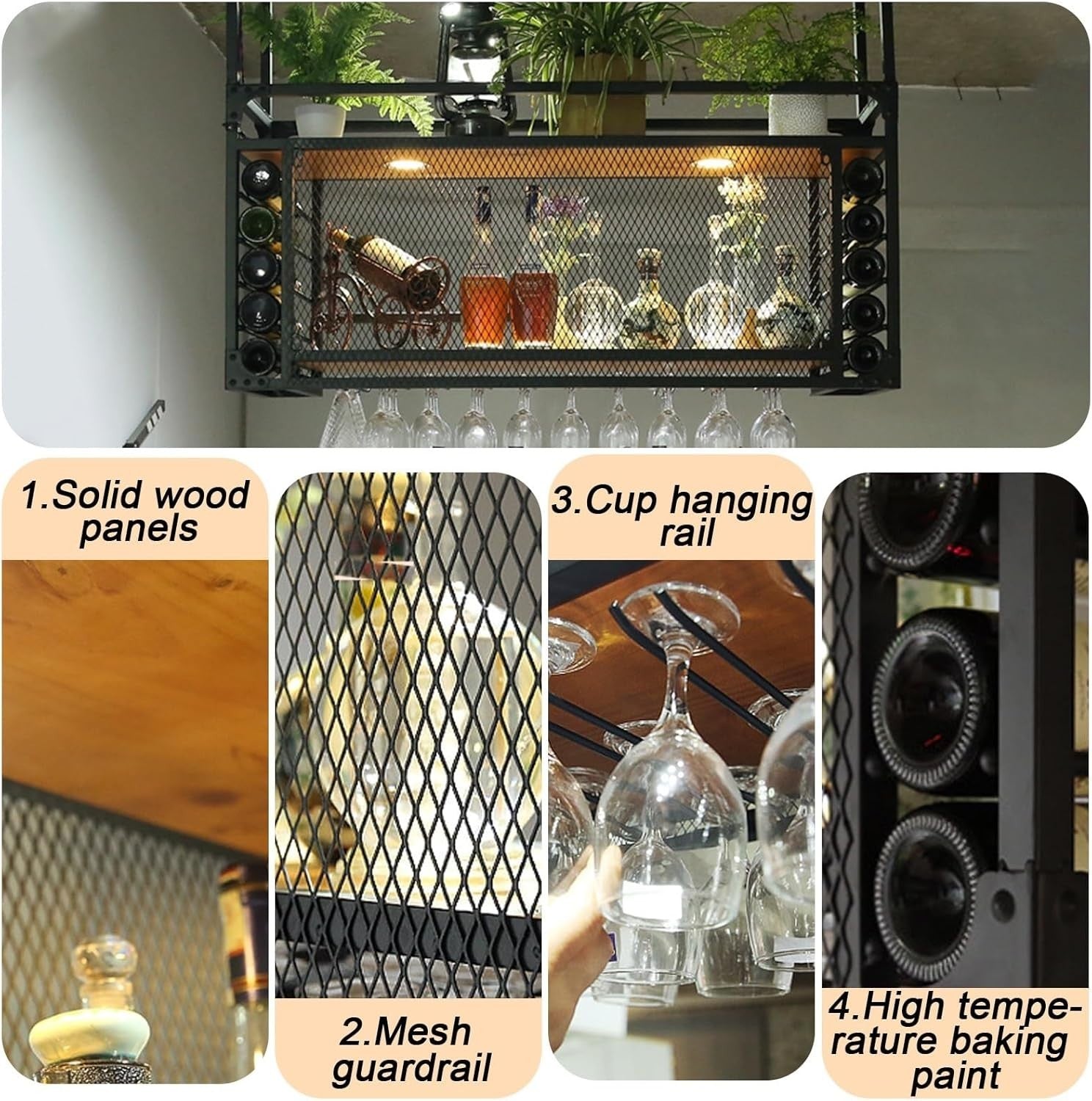 Wall Mounted Ceiling Wine Rack with Glass Holder & Shelf, Large Metal Bar