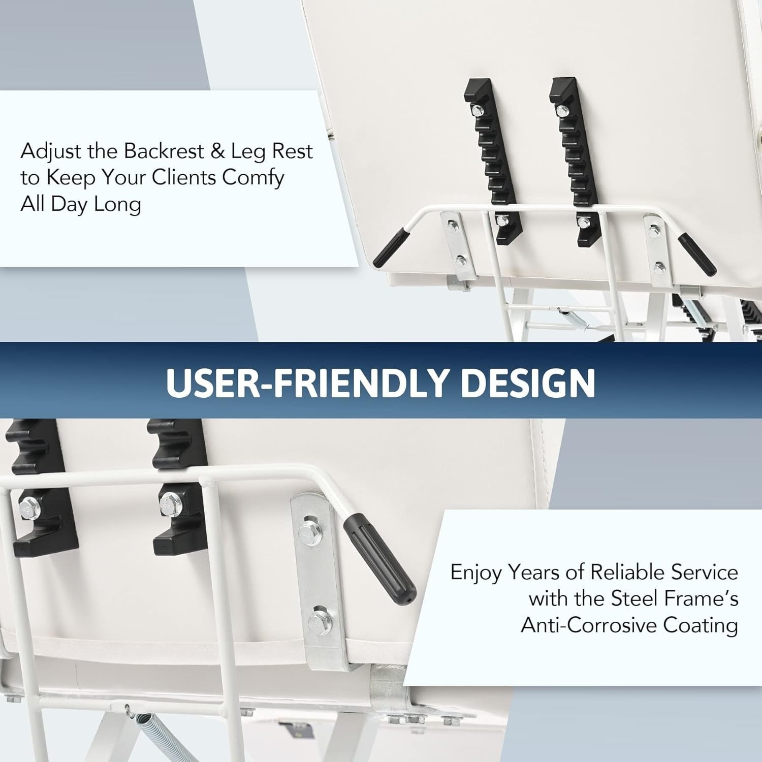 Adjustable 3-Section Beauty Massage Bed Steel Frame w/ Headrest Stool White