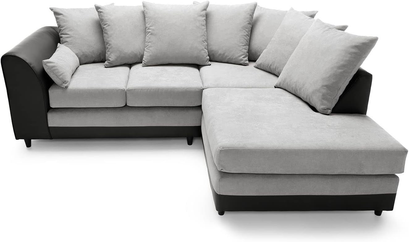 Modern Black L-Shaped Corner Sofa Sectional with Faux Leather & Chenille Comfort