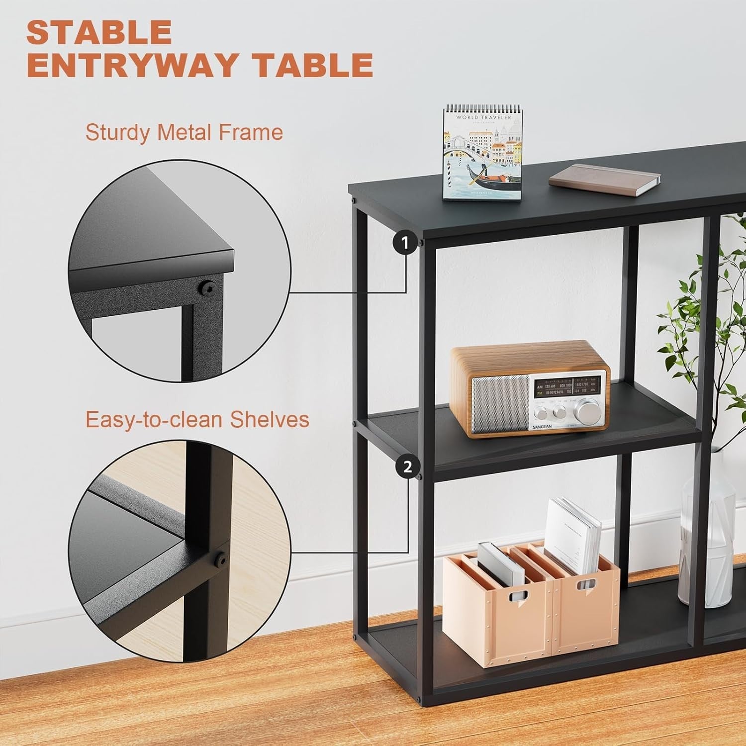 Compact Industrial 3-Tier Console Table with Storage Shelves – Black 80x30x80cm