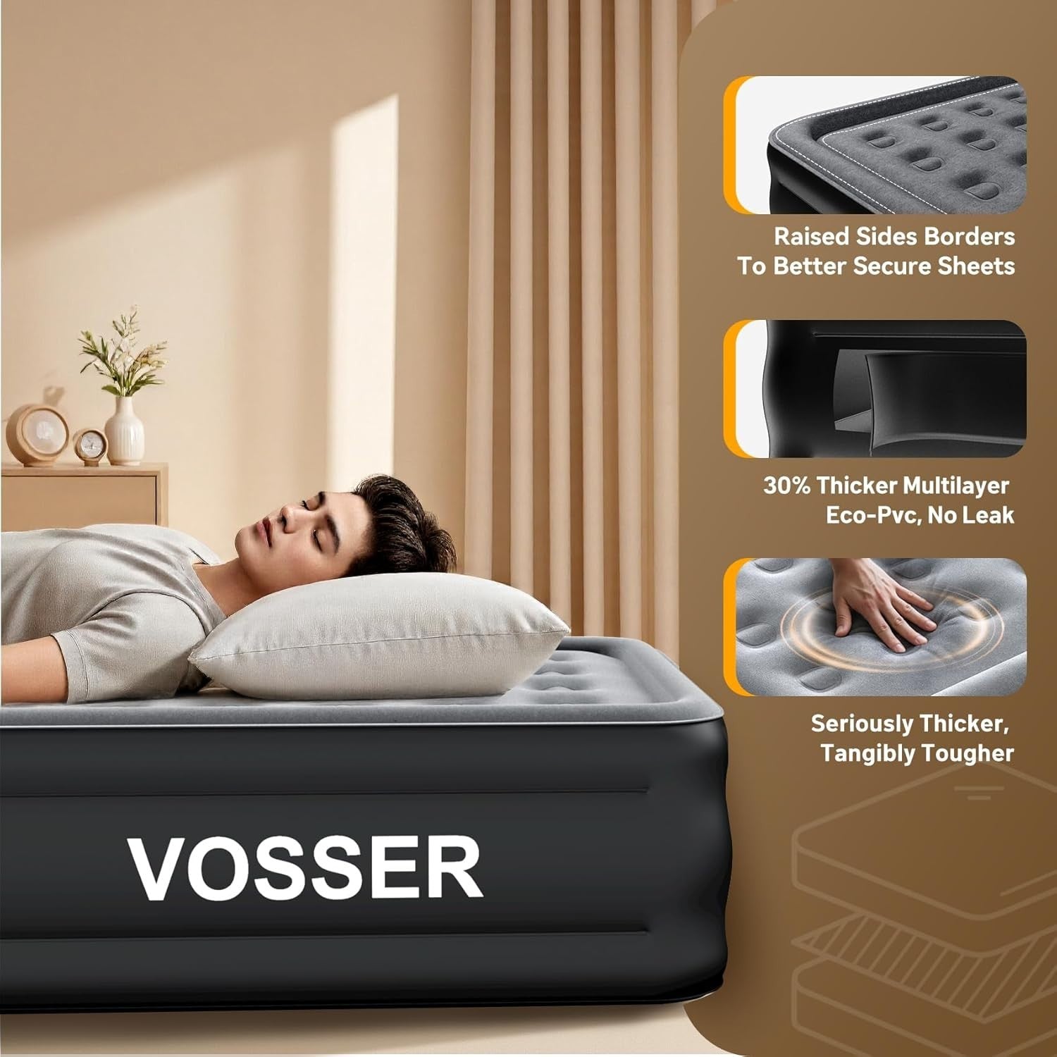 Single Air Mattress Built In Pump 18” Raised 2 Min Inflating Black Air Bed