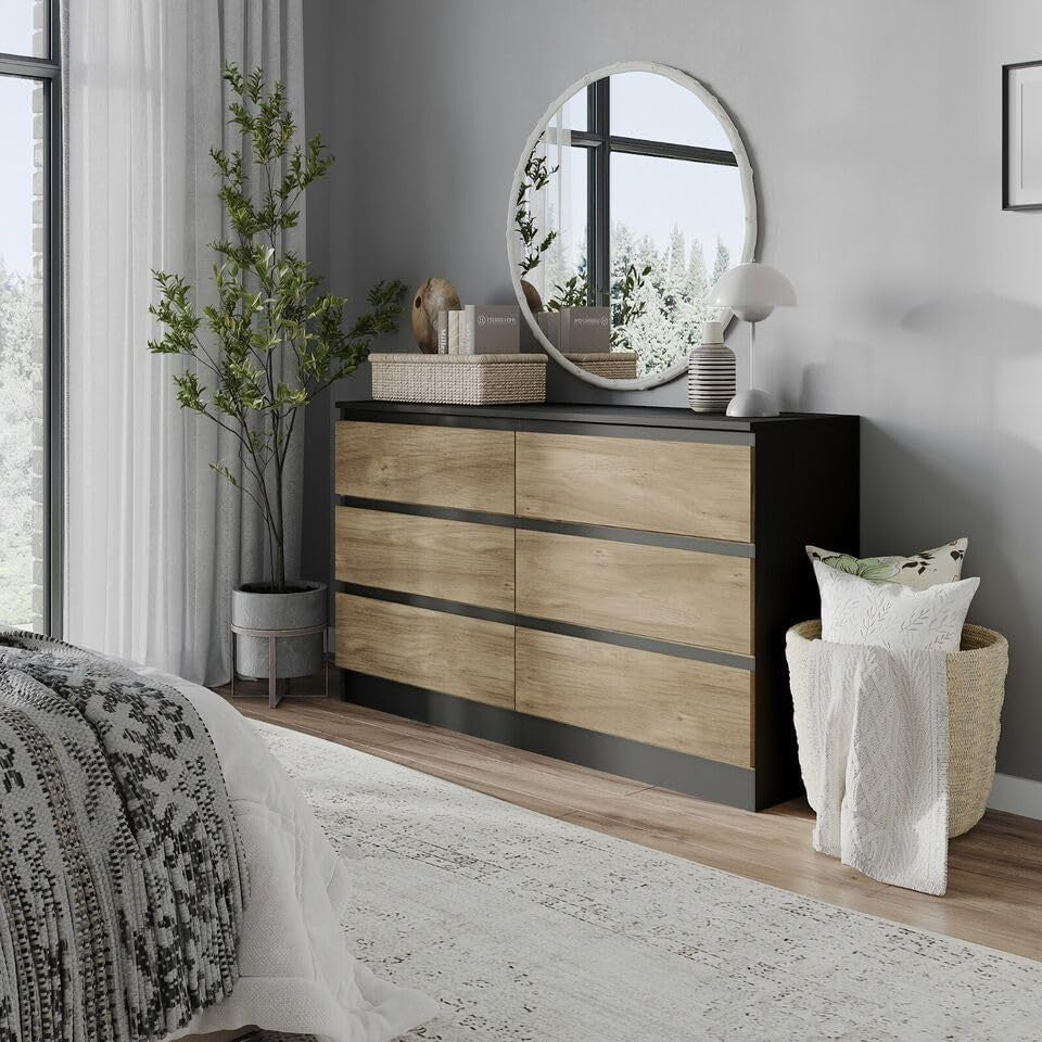 Modern 6 Drawer Chest Black Oak Bedroom Storage Cabinet Wood Unit