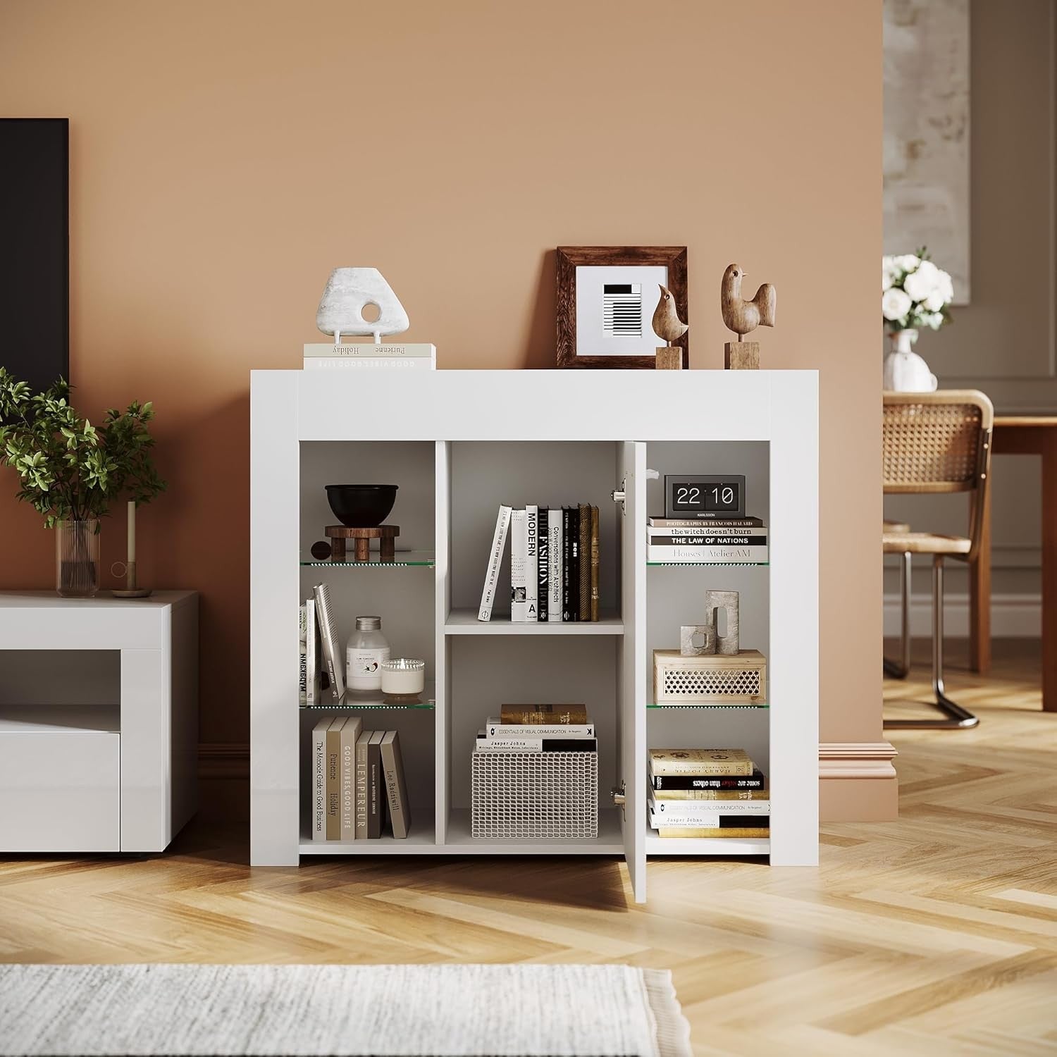 High Gloss LED Sideboard Display Cabinet with Glass Shelves White 83cm