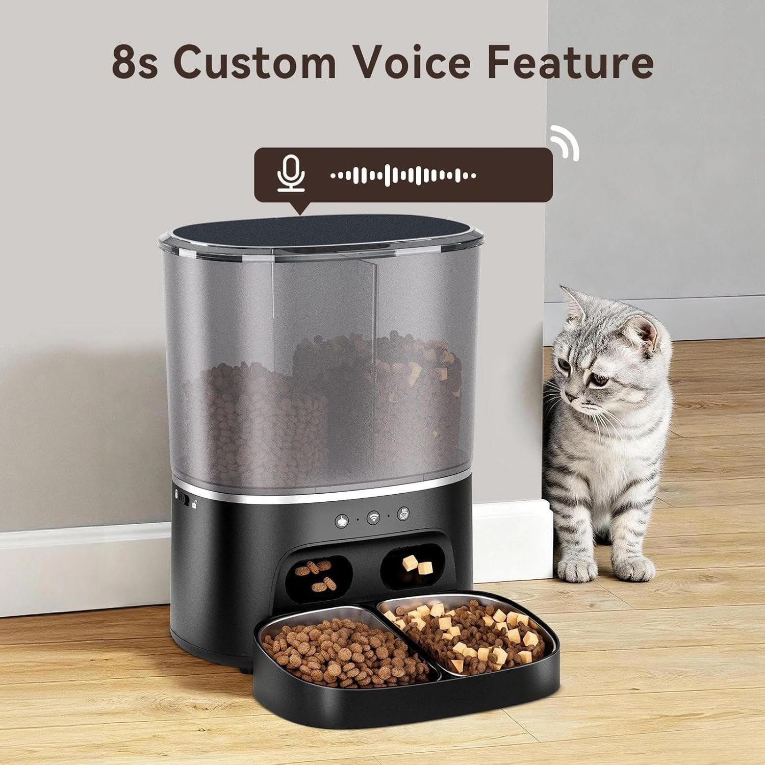 8L Automatic Cat Feeder 2 Bowls WiFi App Control Timer Food Dispenser