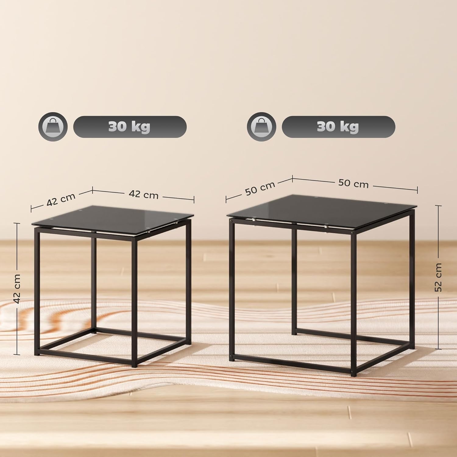 Nesting Coffee Table Set of 2 Black Tempered Glass Side End Tables Max 30KG