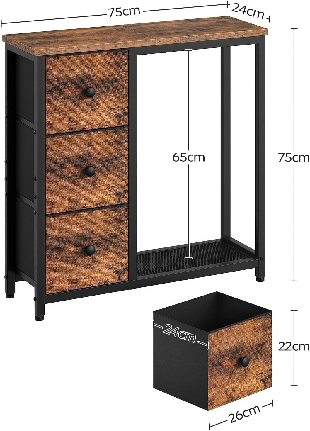 Slim Console Table with 3 Fabric Drawers & 2-Tier Shelf – Rustic Storage