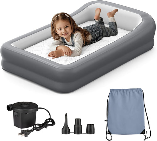 Portable Toddler Air Mattress with Safety Bumpers & Pump – Travel Bed 63"x39"x12