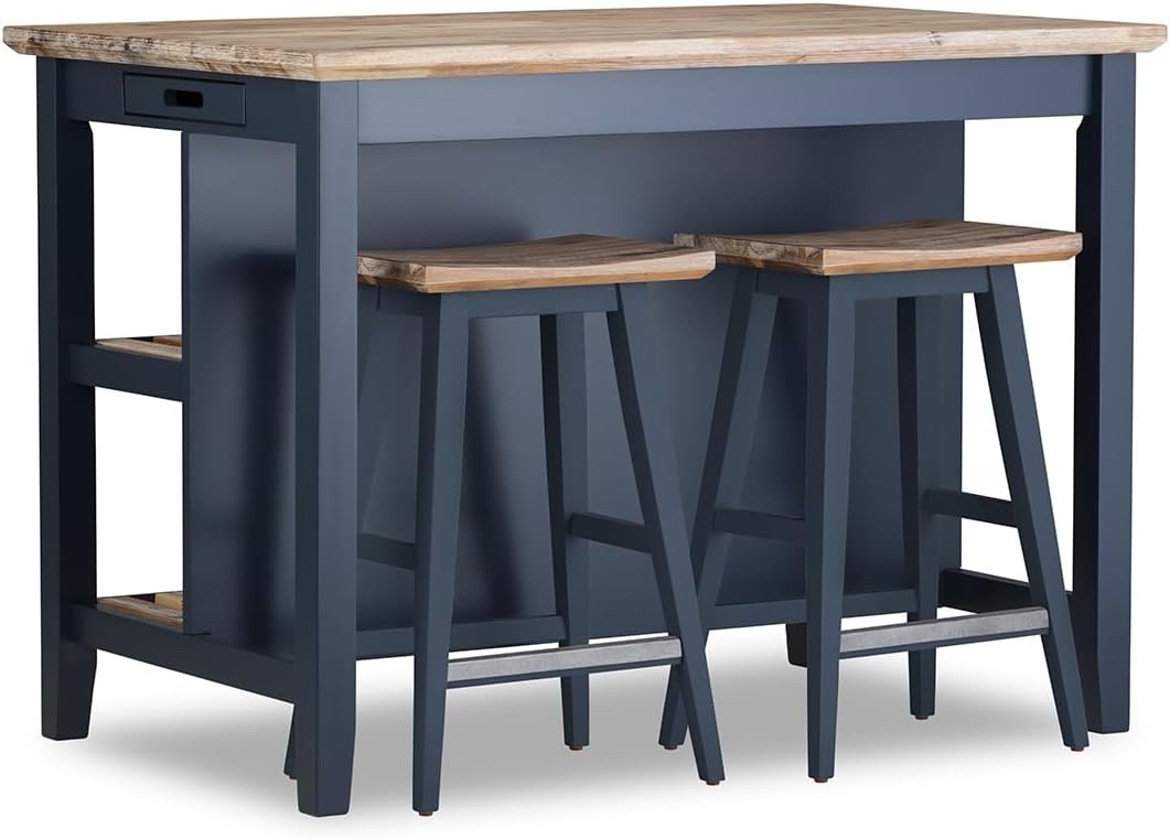 Breakfast Bar with Acacia Wood Top Storage Shelves Kitchen Island Navy Blue