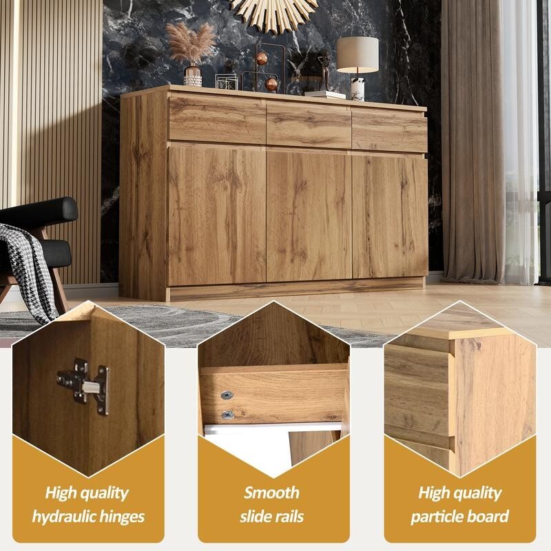 Oak Sideboard Buffet Cabinet with 3 Drawers 3 Doors Storage Unit 135cm