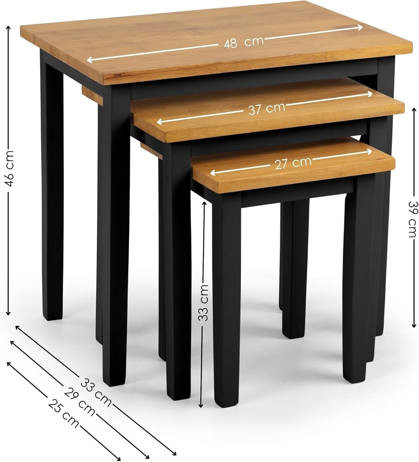 Nesting Tables Set of 3 Black & Oak Wood Mid-Century Modern Side End Coffee