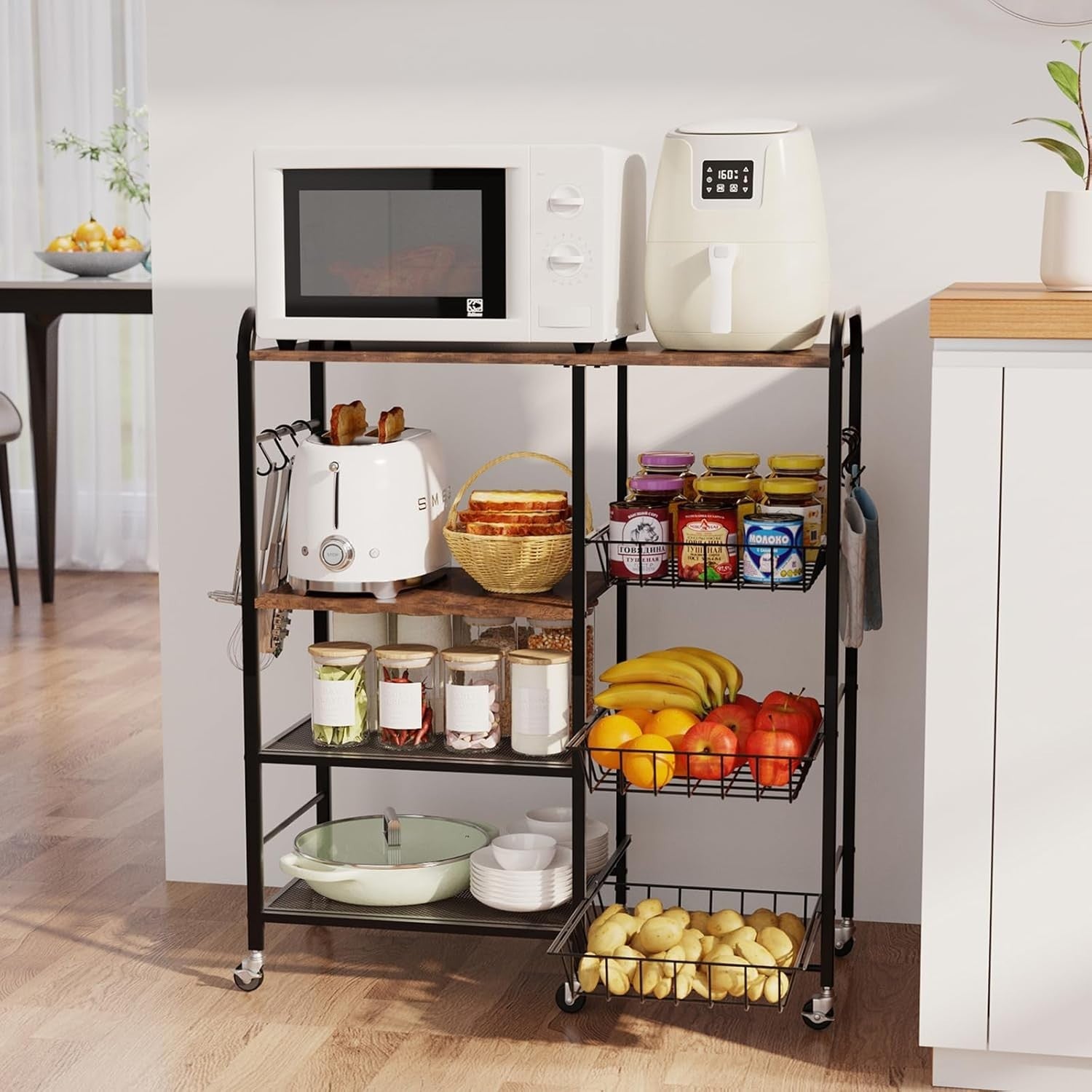 4 Tier Kitchen Trolley on Wheels w/ Pull Out Baskets