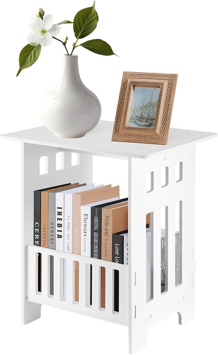 White Small Side Table with Shelf – Compact Bedside/Lamp Stand 34x25x40cm