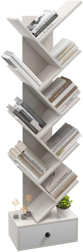 10-Tier Tree Bookshelf Floor Standing Wooden Bookcase with Drawer Storage