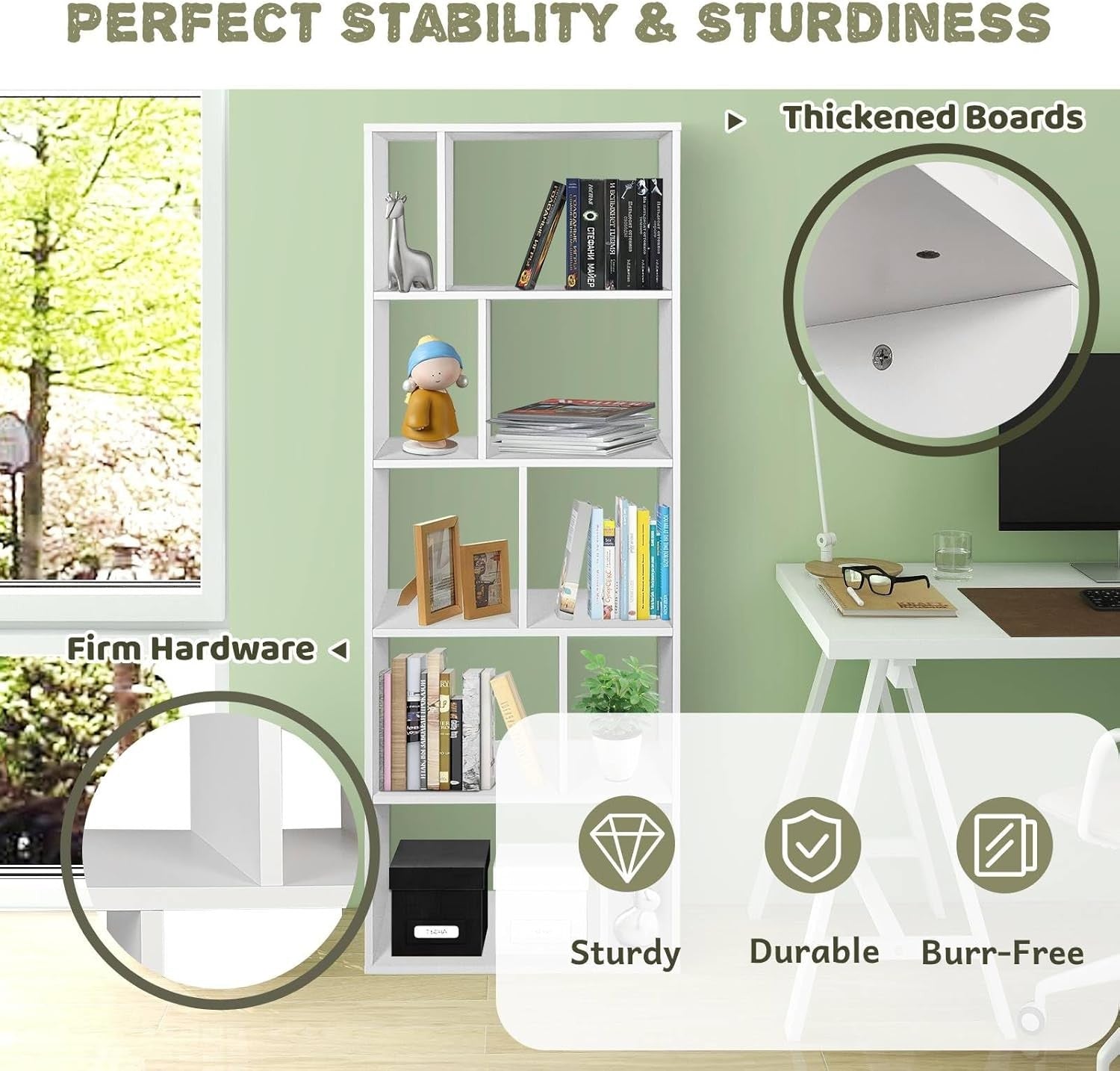 Tall 5-Tier White Bookshelf with 10 Compartments Modern Storage Display Unit