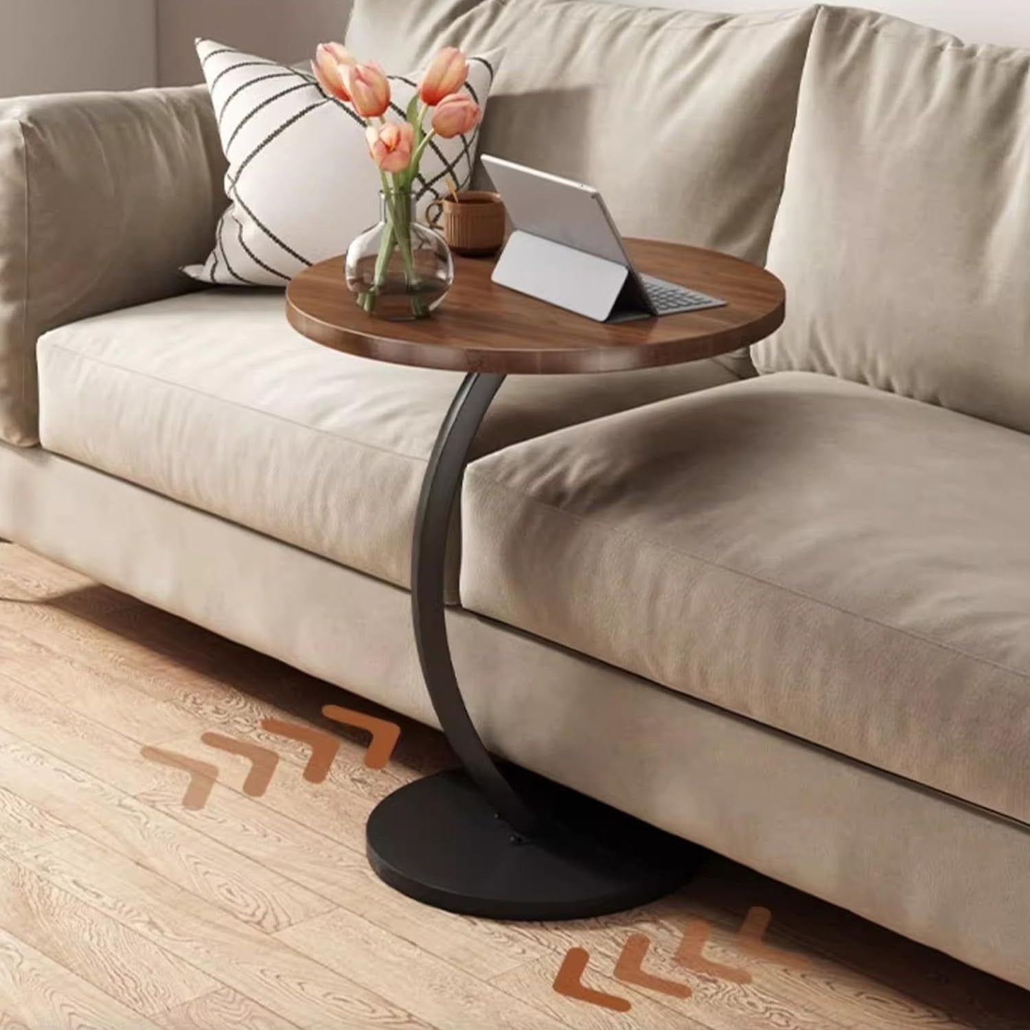 C-Shaped Round Side Table Small Wooden End Table 40x60cm Sofa Desk