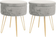 Set of 2 Grey Velvet Storage Footstools Gold Legs Modern Round Pouffes