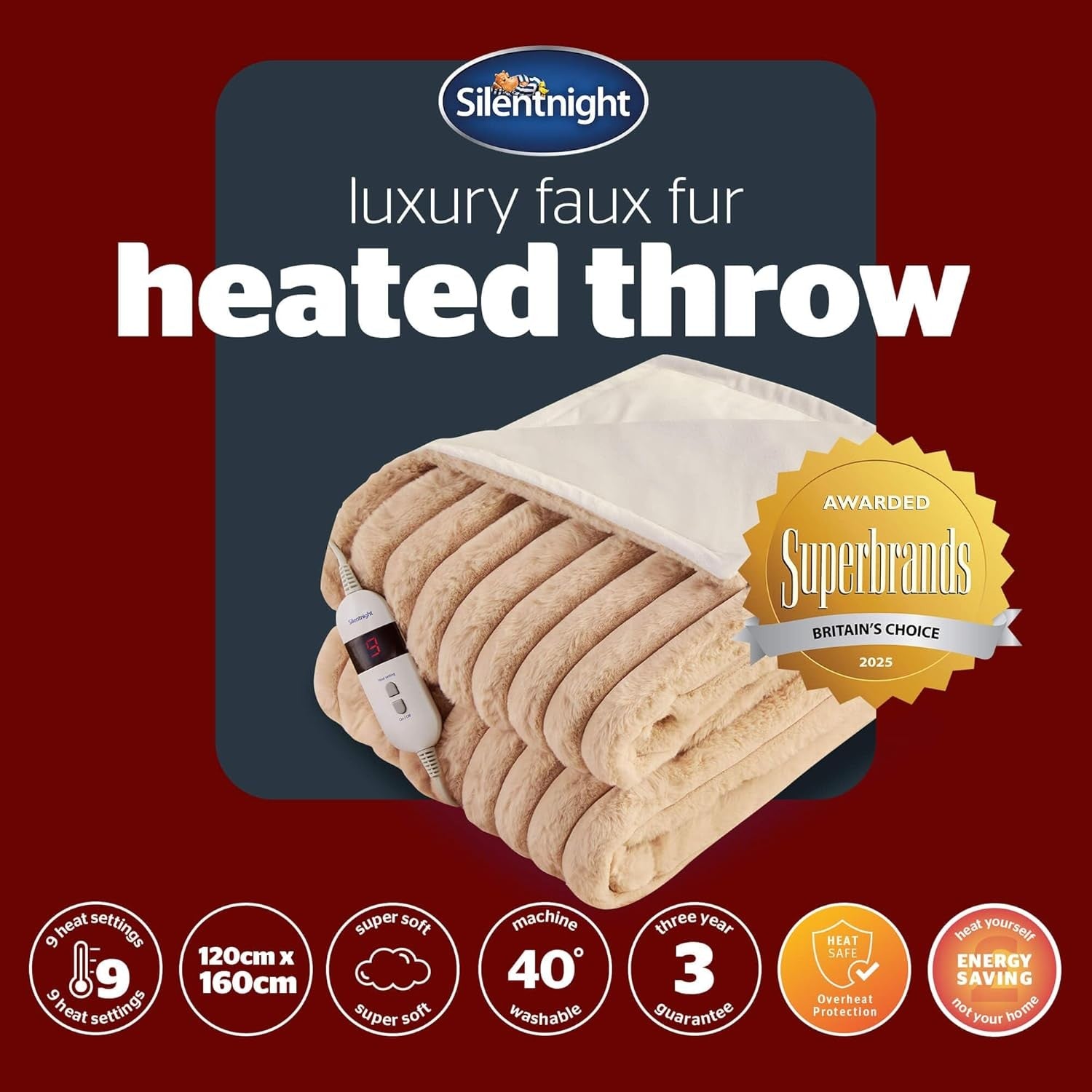 Electric Heated Throw Blanket 120x160cm Natural Faux Fur 9 Heat Timer