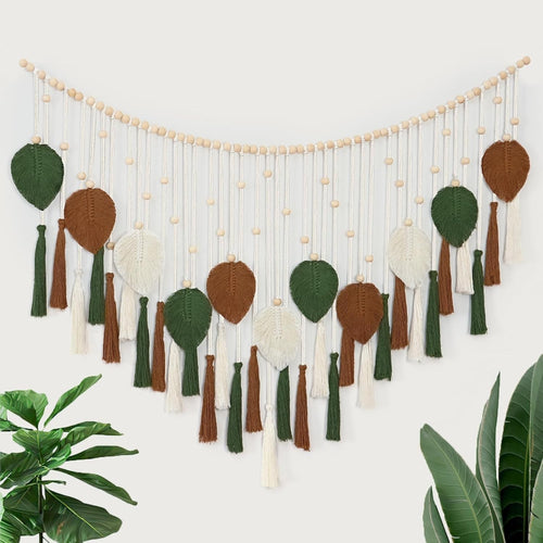 Large Brown Green Macrame Wall Hanging Leaf Tassel Boho Decor