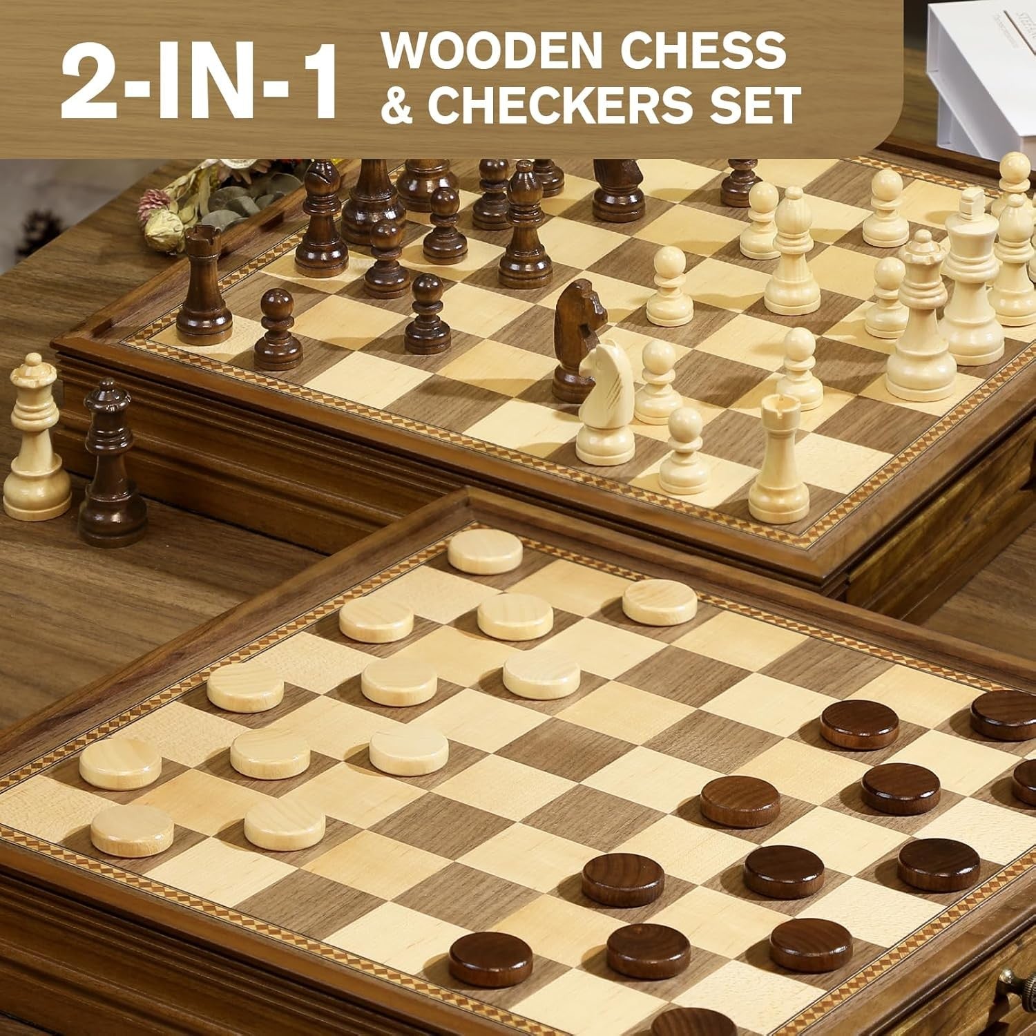 38cm Wooden Magnetic Chess Set with Storage Drawers & Extra Queens