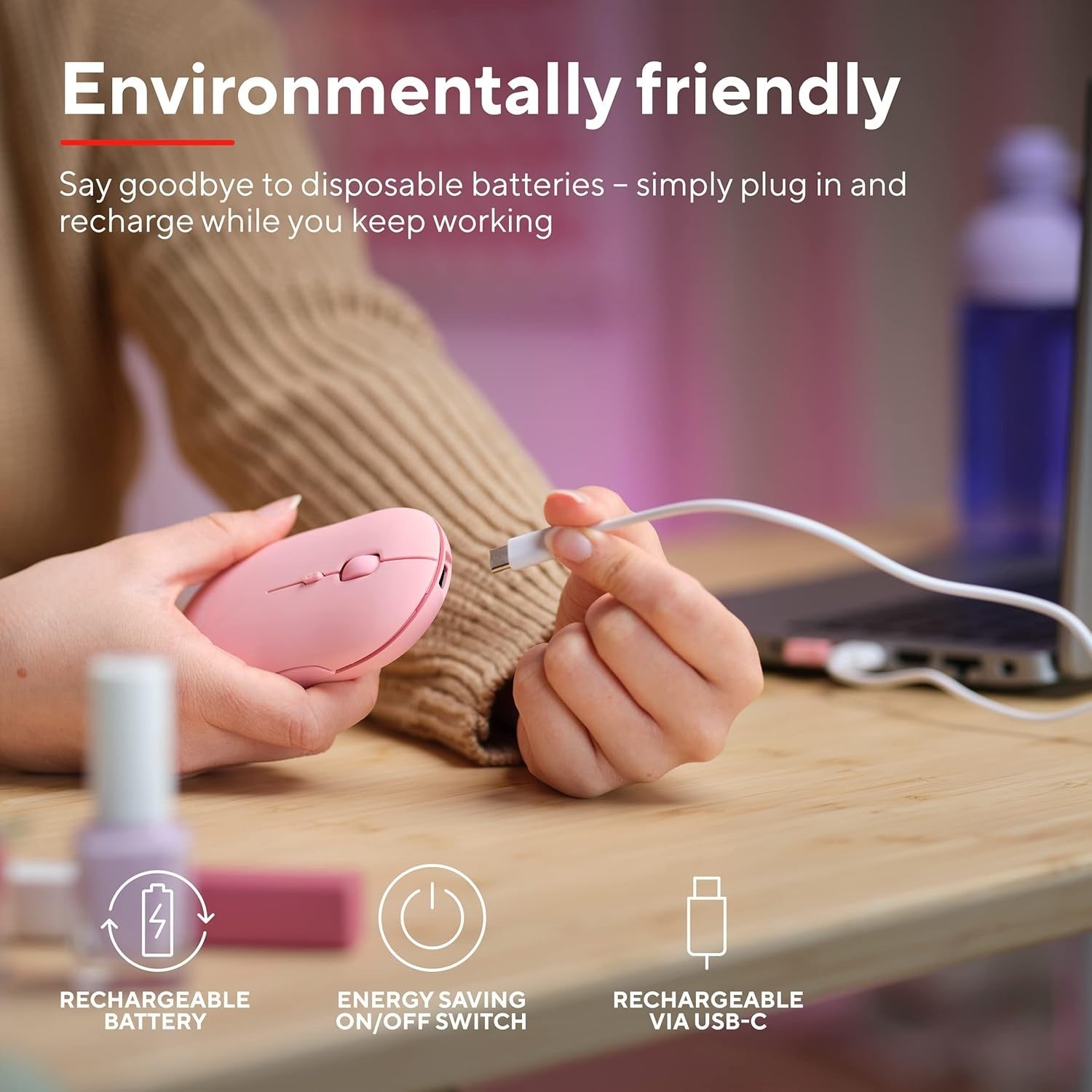 Slim Rechargeable Wireless Mouse Bluetooth 2.4GHz Silent Pink
