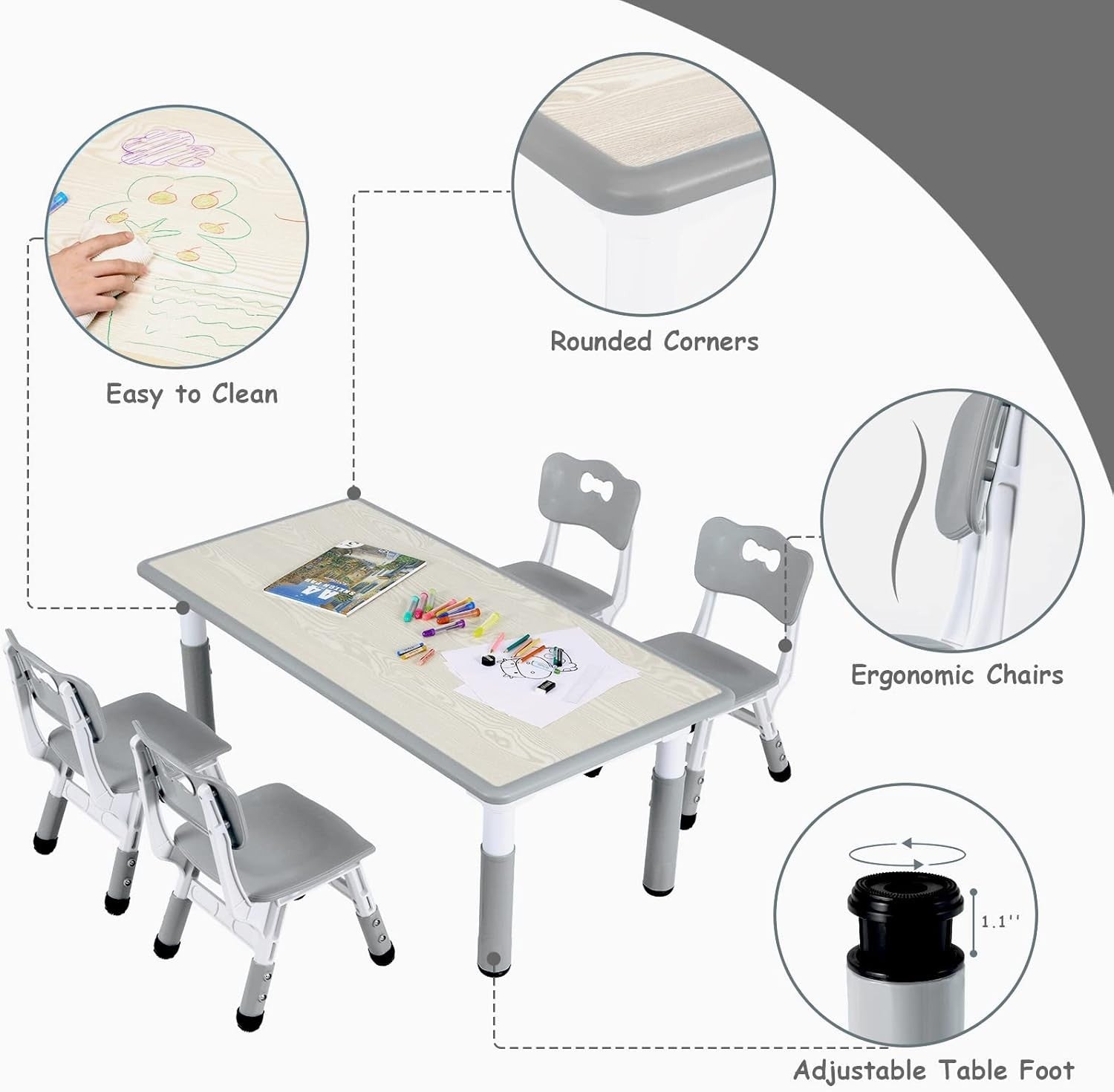 Height Adjustable Kids Table & 4 Chairs Set, Safe Plastic, 120x60cm Grey